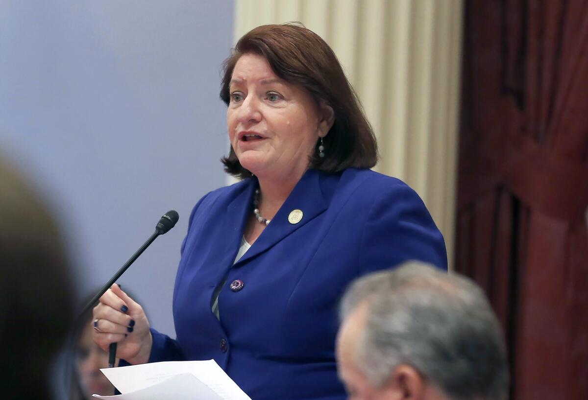 State Senate leader Toni Atkins  speaks on the Senate floor.