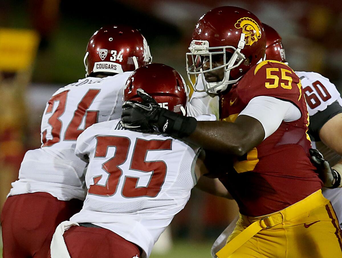 Injured USC linebacker Lamar Dawson, shown last September, participated in drills this week, but it remains unclear when he'll play in a game.