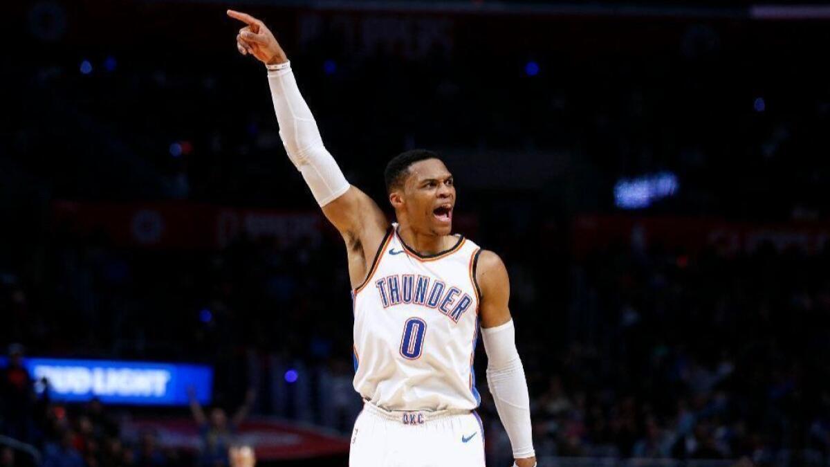 LOS ANGELES, CALIF. -- THURSDAY, JANUARY 4, 2018: Oklahoma City Thunder guard Russell Westbrook (0) celebrates after making a basket and getting fouled against the LA Clippers in the second half of the Clippers 117-127 loss at the Staples Center in Los Angeles, Calif., on Jan. 4, 2018. (Gary Coronado / Los Angeles Times)