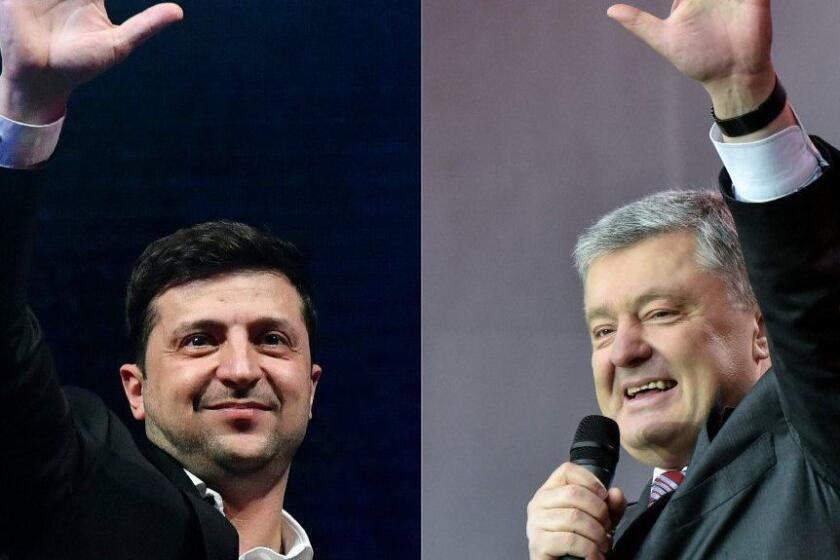 (COMBO) This combination of files pictures created on April 19, 2019 shows Ukrainian comic actor, showman and presidential candidate Volodymyr Zelensky (L) on March 29, 2019 as he performs with his "95th block" comedy group in small town Brovary, near Kiev. And Ukrainian President Petro Poroshenko greeting his supporters at Olympiysky Stadium in Kiev on April 14, 2019. - Volodymyr Zelensky and his incumbent rival Petro Poroshenko go head-to-head in an extraordinary stadium debate today, as campaigning reaches its climax before a weekend vote. (Photos by Genya SAVILOV and Sergei SUPINSKY / AFP)GENYA SAVILOV,SERGEI SUPINSKY/AFP/Getty Images ** OUTS - ELSENT, FPG, CM - OUTS * NM, PH, VA if sourced by CT, LA or MoD **