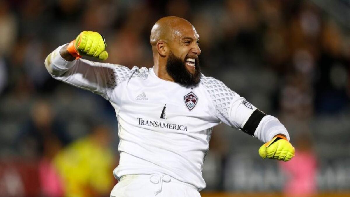 Colorado Rapids goalkeeper Tim Howard (1) celebrates in the second half of an MLS game on Oct. 13, 2016.