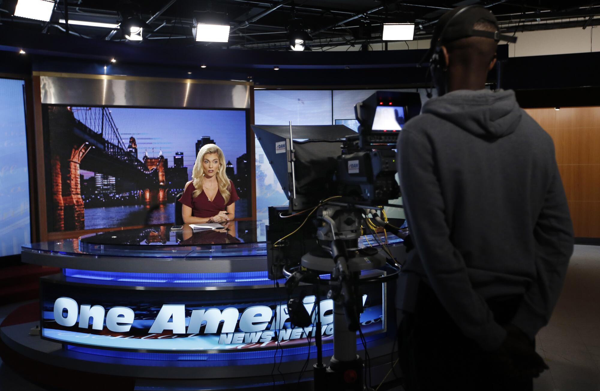 Host Liz Wheeler tapes a segment for “Tipping Point with Liz Wheeler” at One America News on Sept. 5, 2019.