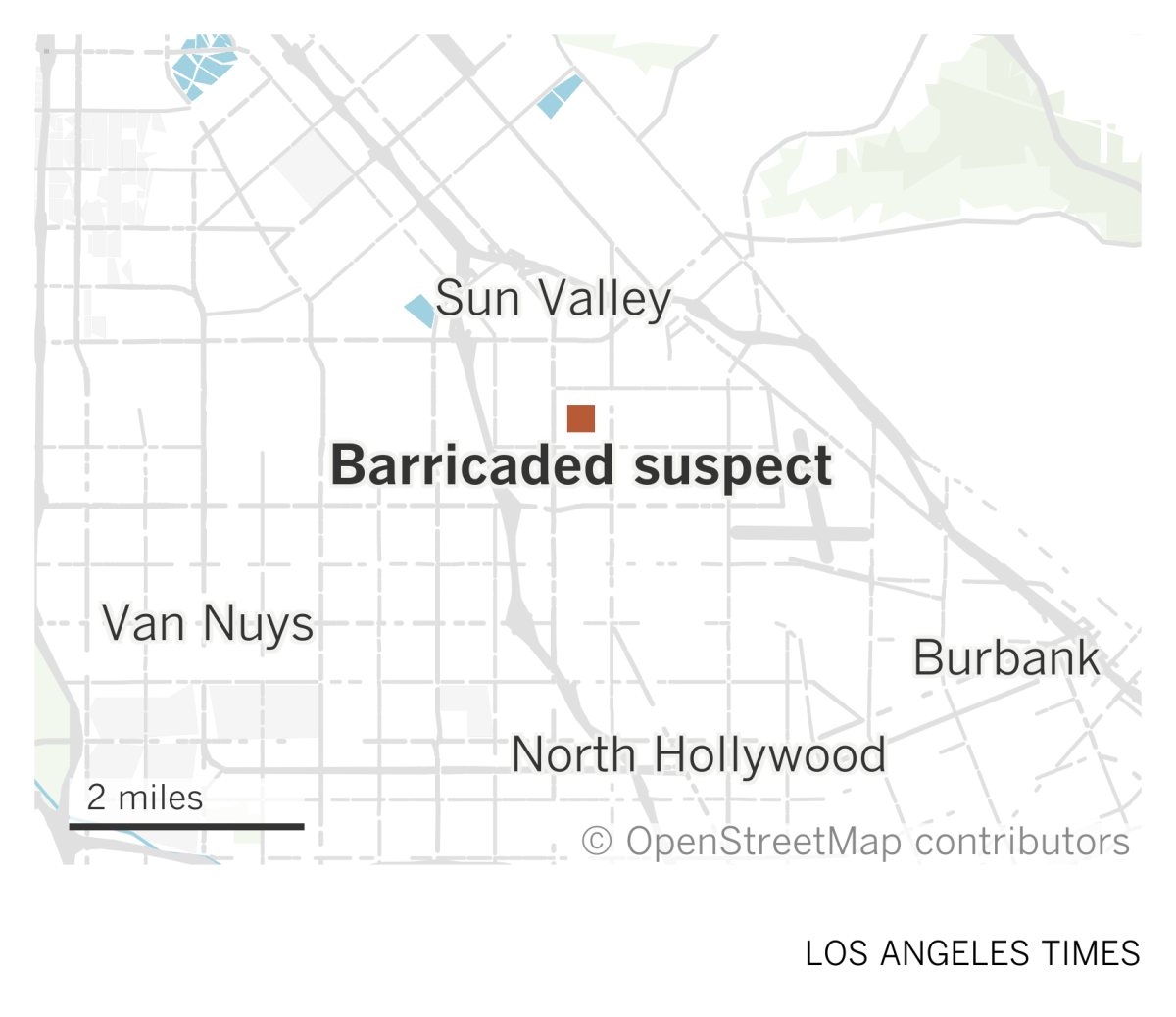 A map of the eastern San Fernando Valley shows where a suspect was barricaded in a home in Sun Valley