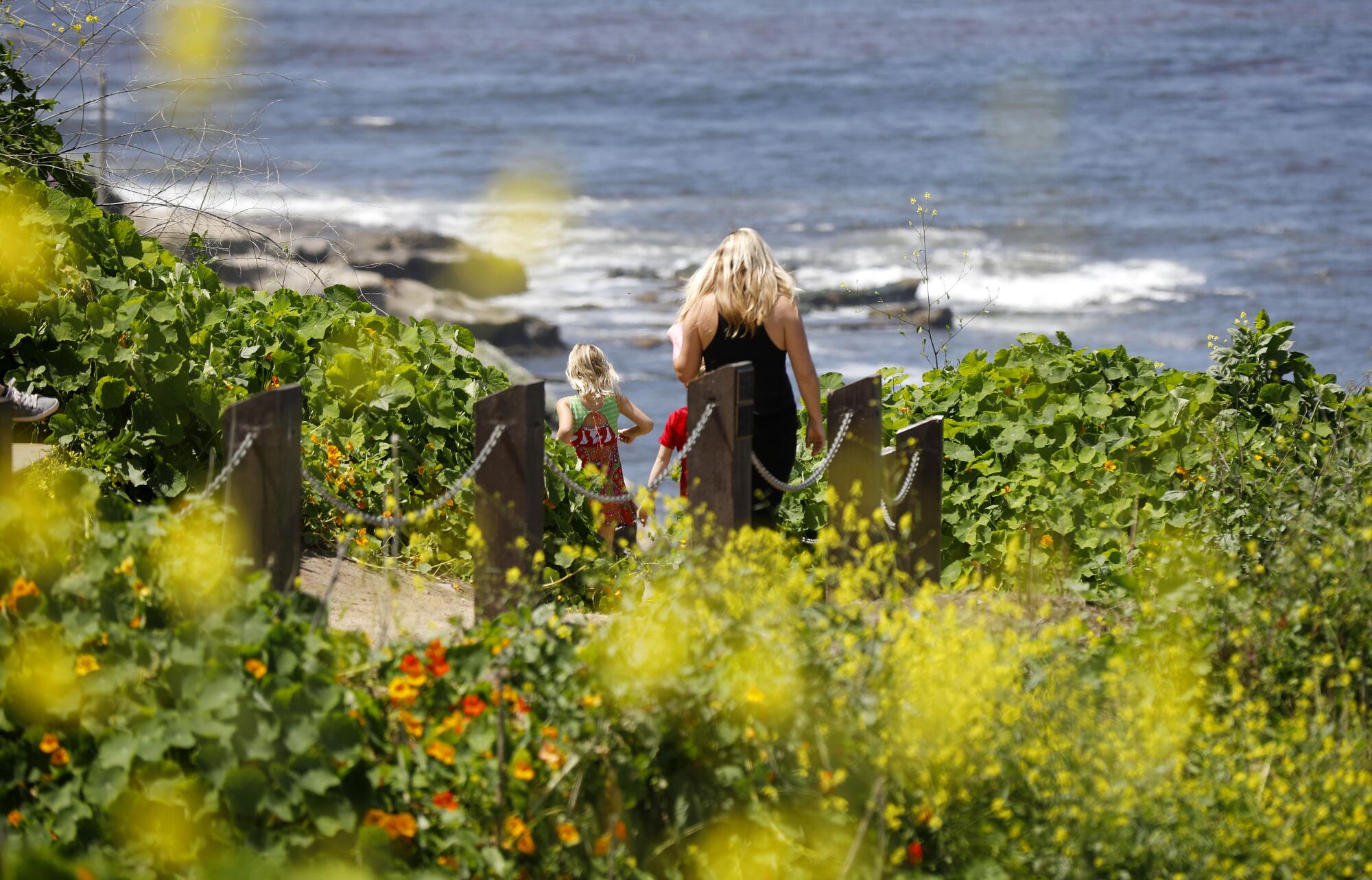 A woman and child walk away from the camera on a path surrounded by vines and flowers toward the ocean.