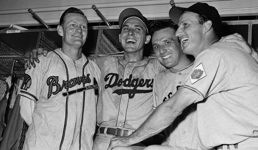 Bob Elliott (left to right), Gil Hodges, Ralph Kiner and Stan Musial celebrate their home runs in the 1951 All-Star Game.