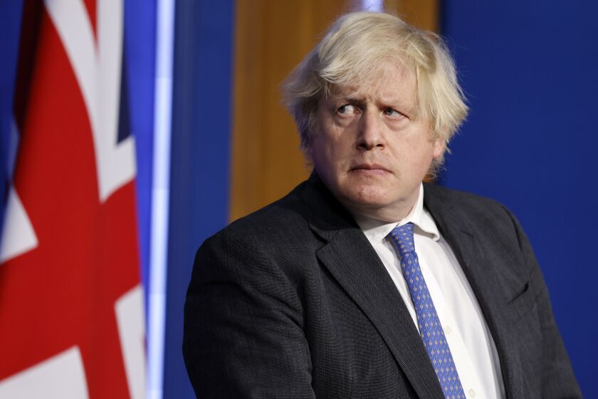 Britain's Prime Minister Boris Johnson during a media briefing on COVID-19 in London.