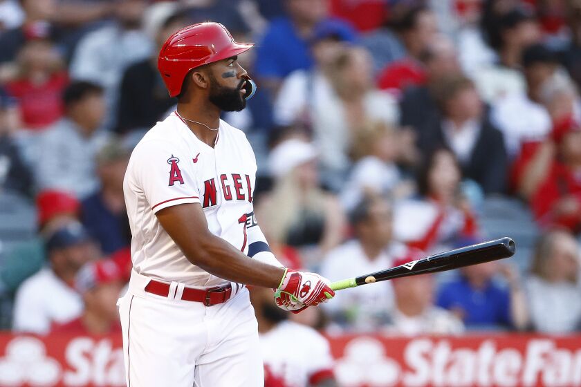 ANAHEIM, CALIFORNIA - JUNE 08: Jo Adell #7 of the Los Angeles Angels hits a home run against the Chicago Cubs in the second inning at Angel Stadium of Anaheim on June 08, 2023 in Anaheim, California. (Photo by Ronald Martinez/Getty Images)