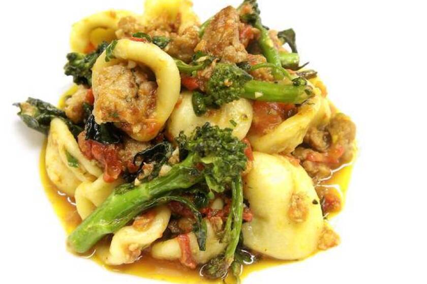 Orecchiette with sausage sugo, sprouting broccoli, chiles and ragu at Bucato, in the old Beacon space in the Helms Bakery complex in Culver City.