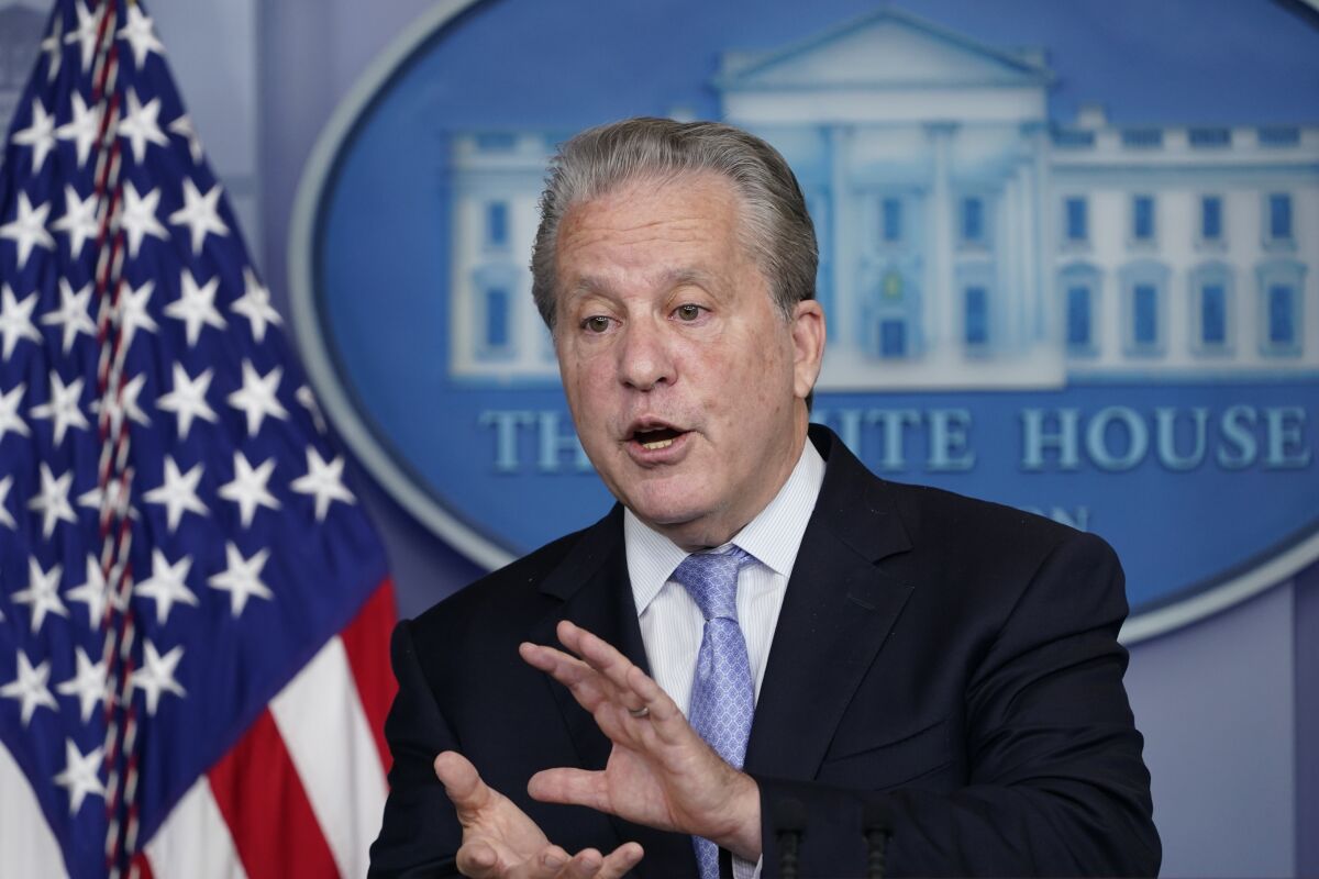 FILE - Gene Sperling, who leads the oversight for distributing funds from President Joe Biden's $1.9 trillion coronavirus rescue package, speaks during the daily briefing at the White House in Washington, Aug. 2, 2021. States and localities in November paid out the largest amount of rental assistance to cash-strapped tenants since a federal program began, the Treasury Department said in a statement Friday, Jan. 7, 2022. “We are just seeing that people got their programs started, made them simpler and more efficient,” Sperling said in an email interview. “A lot of places are moving fast and you are getting large amount of funds out quicker to renters in need." (AP Photo/Susan Walsh, File)