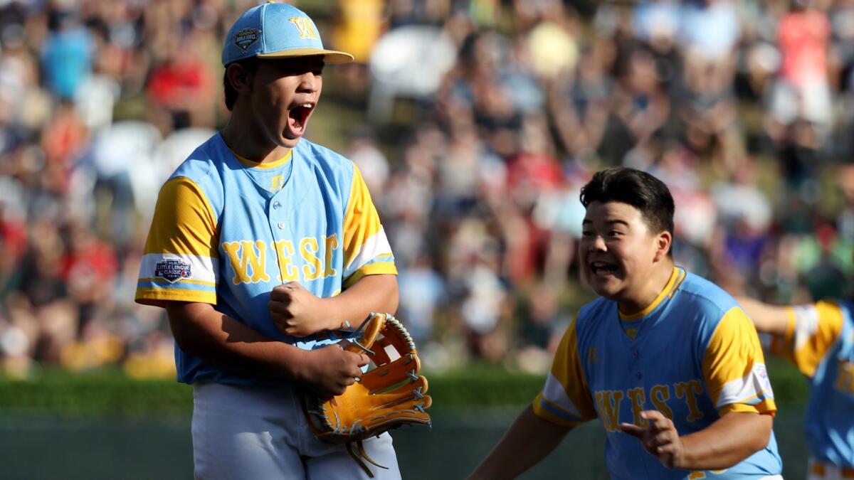 Hawaii pitcher Aukai Kea celebrates after recording the final out during a 3-0 win over Georgia in the U.S. Championship game of the Little League World Series on Saturday.