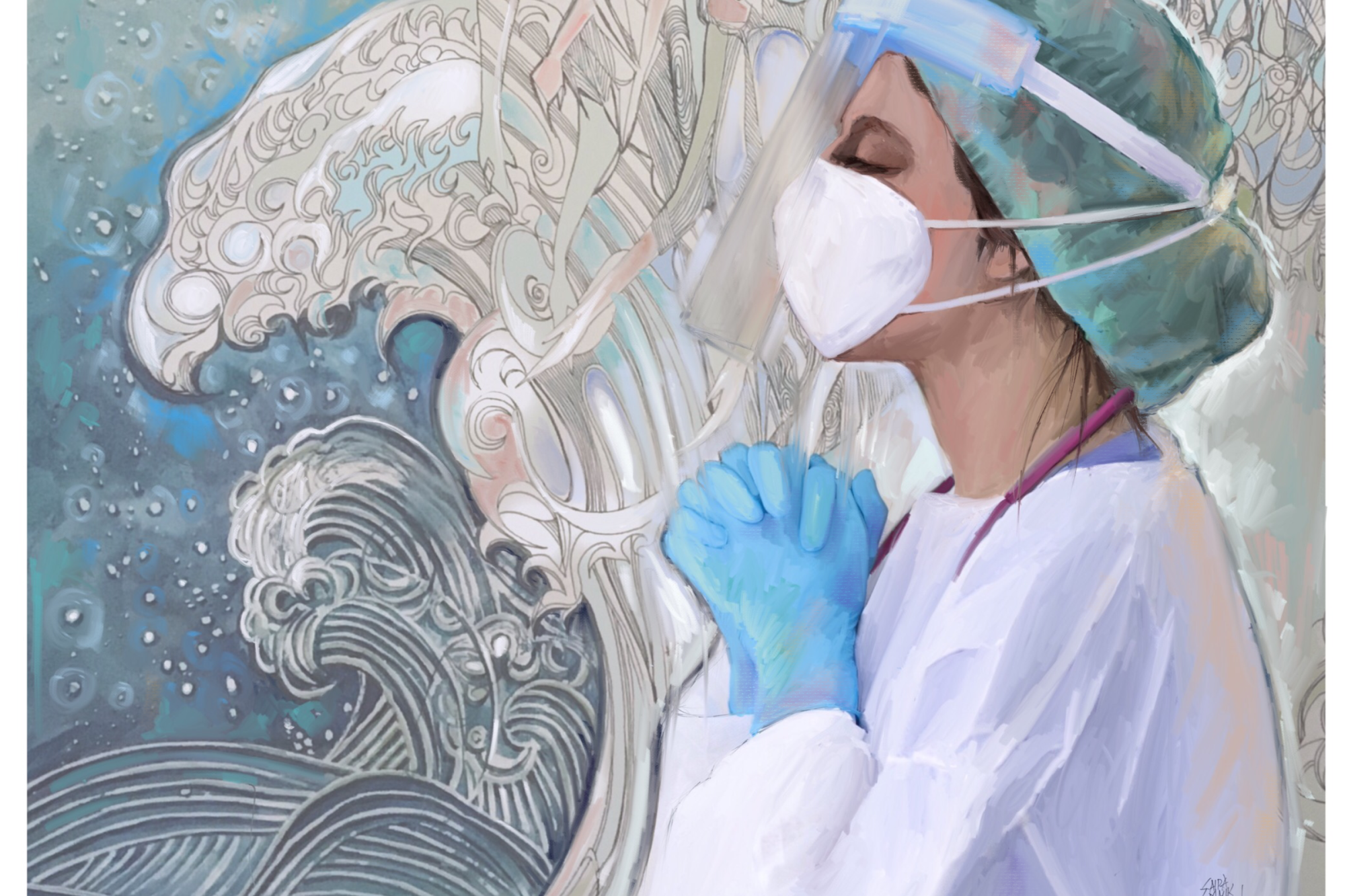 Artwork by Dr. Saira Malik Rahman depicting a physician with hands in prayer