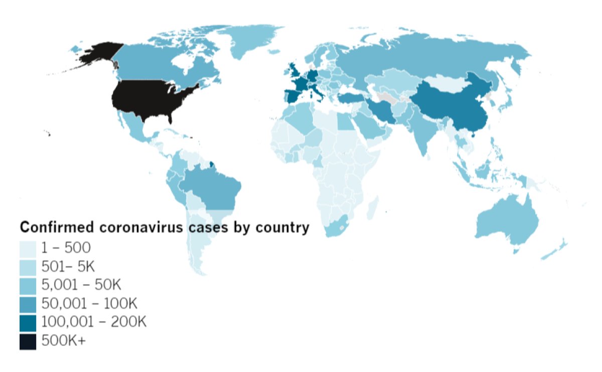 Confirmed COVID-19 cases by country as of 5:00 p.m. PDT Tuesday, April 14. Click to see the map from Johns Hopkins CSSE.