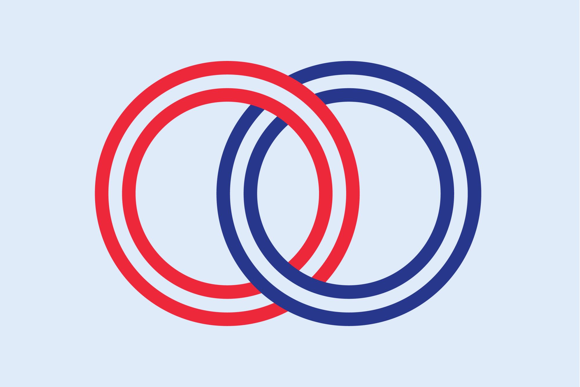 two interlocking wedding rings in red and blue