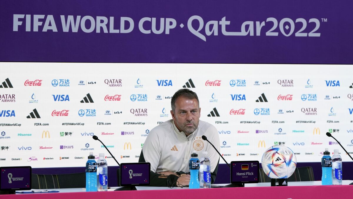Germany's head coach Hansi Flick attends a news conference on the eve of the group E World Cup soccer match between Germany and Spain, in Doha, Qatar, Saturday, Nov. 26, 2022. Germany will play the second match against Spain on Sunday, Nov. 27. (AP Photo/Matthias Schrader)