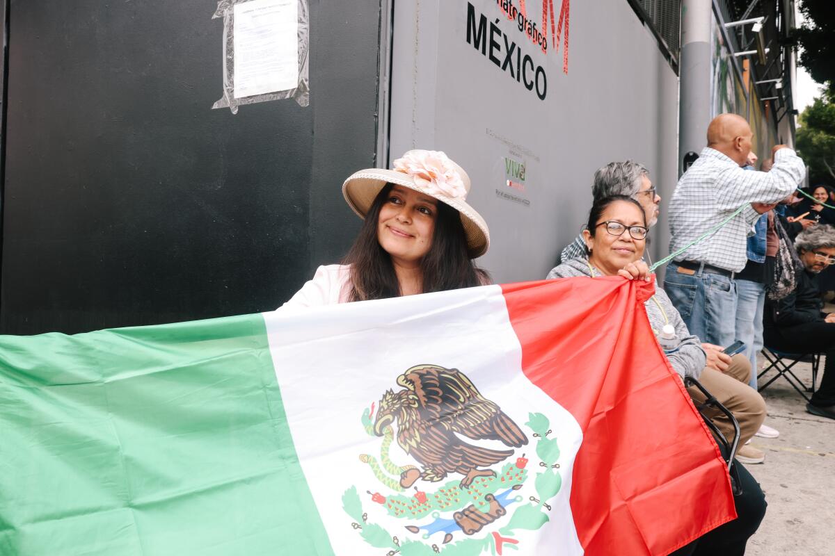 Irma Selene Hernandez Atondo waits to vote Sunday outside the Mexican Consulate in Los Angeles.