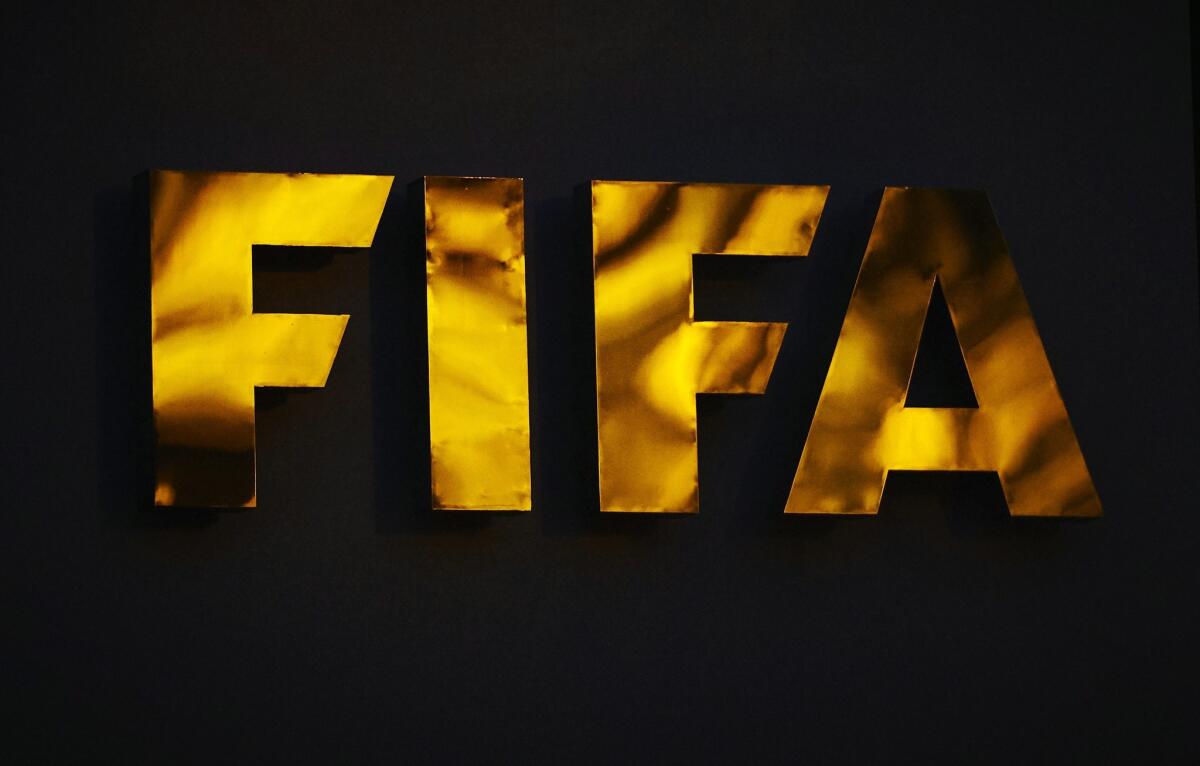 A FIFA logo stands outside the world soccer body's headquarters in Zurich, Switzerland on June 2.