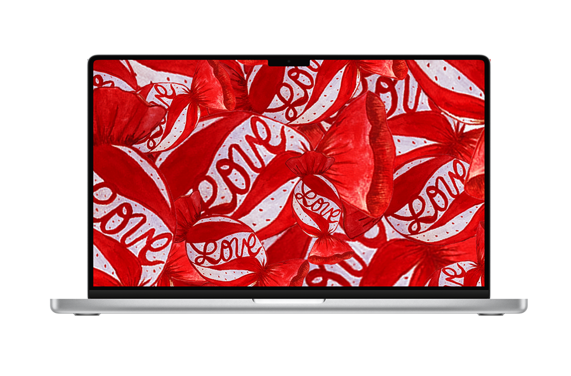 A laptop with "Love"-Theme wallpaper design.