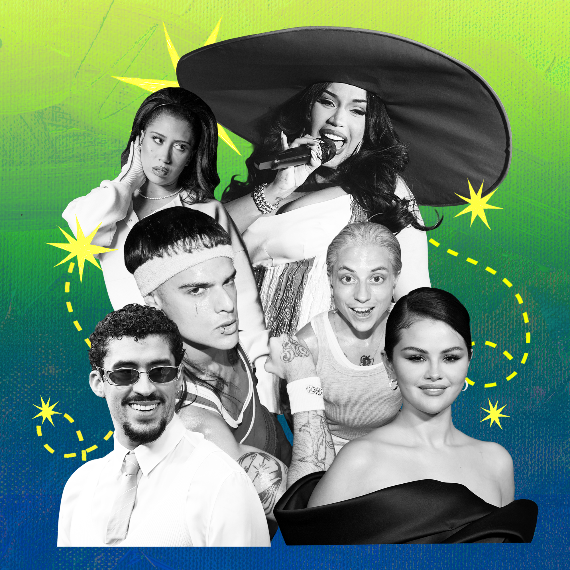 Cardi B, Selena Gomez, Kali Uchis, Bad Bunny, and CA7RIEL & Paco Amoroso.