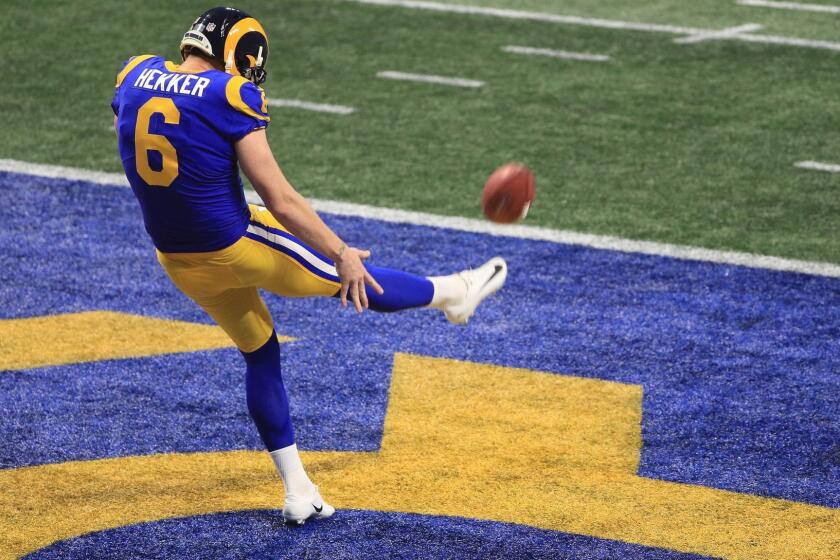 ATLANTA, GA - FEBRUARY 03: Johnny Hekker #6 of the Los Angeles Rams punts in the second half during Super Bowl LIII against the New England Patriots at Mercedes-Benz Stadium on February 3, 2019 in Atlanta, Georgia. (Photo by Mike Ehrmann/Getty Images) ** OUTS - ELSENT, FPG, CM - OUTS * NM, PH, VA if sourced by CT, LA or MoD **