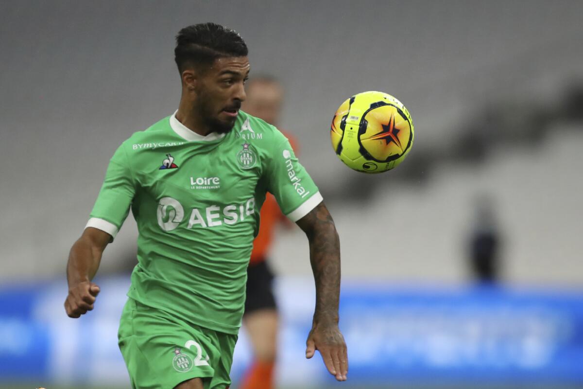 Saint-Etienne's Denis Bouanga controls the ball during a match in September 2020.