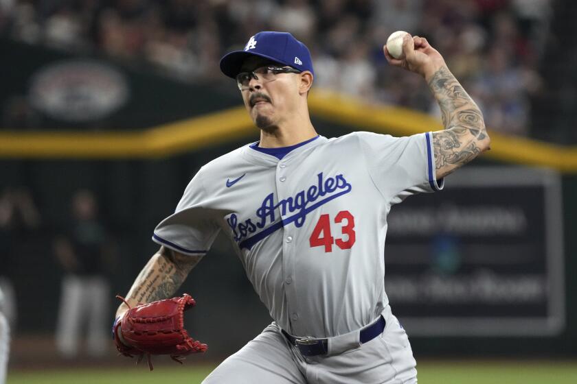 Los Angeles Dodgers pitcher Anthony Banda (43) during a baseball game against the Arizona Diamondbacks, Monday, Sept. 2, 2024, in Phoenix. (AP Photo/Rick Scuteri)