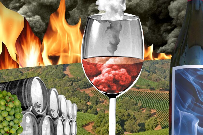la-fo-0105-smoke-gets-in-your-wines /// Illustration by Johanna Goodman / For The Times. To run 01/05/2019 with a story about how the smoke from wildfires can be a vintner's worst nightmare.