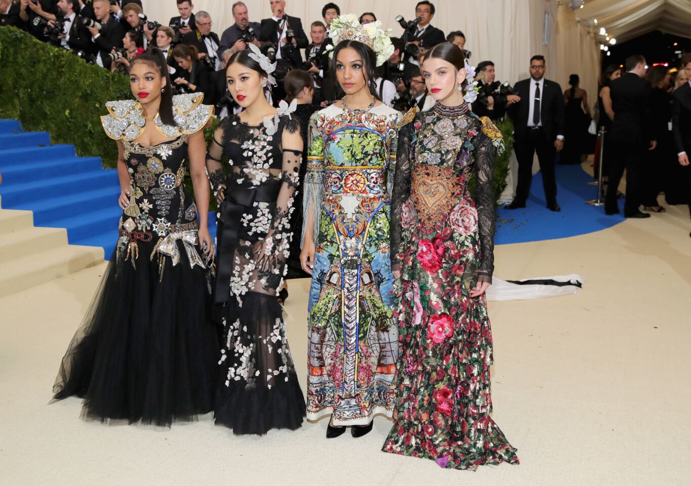 From left, Lori Harvey, guest, Corinne Foxx and Sonia Ben Ammar attend the Met Gala.