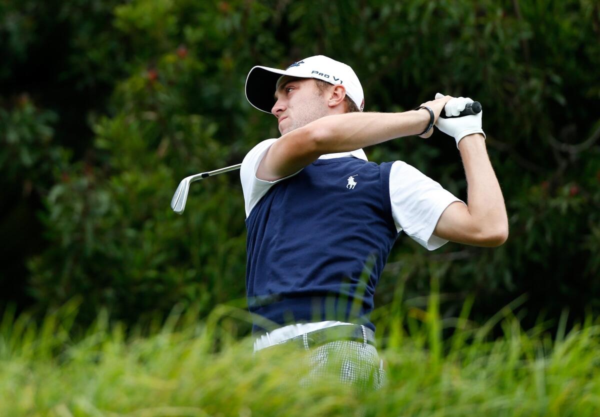 Justin Thomas tees off on the fifth hole Saturday at the Northern Trust Open at Riviera Country Club.