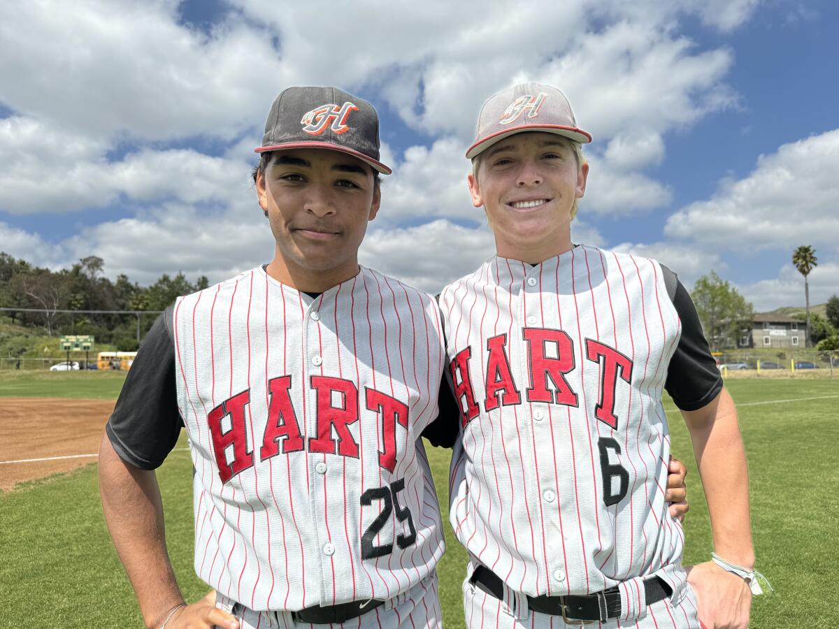 Left-hander Tristan Purfoy, left, and right-hander Ian Edwards both throw submarine-style for Hart.
