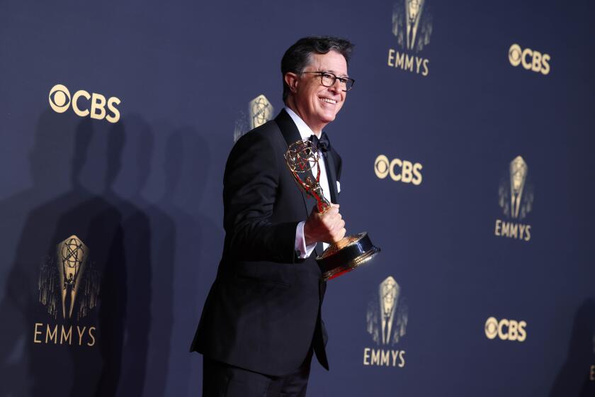 LOS ANGELES, CALIFORNIA - SEPTEMBER 19: Stephen Colbert, winner of the Outstanding Variety Special (Live) award for 'Stephen Colbert's Election Night 2020: Democracy's Last Stand Building Back America Great Again Better 2020,' poses in the press room during the 73rd Primetime Emmy Awards at L.A. LIVE on September 19, 2021 in Los Angeles, California. (Jay L. Clendenin / Los Angeles Times)