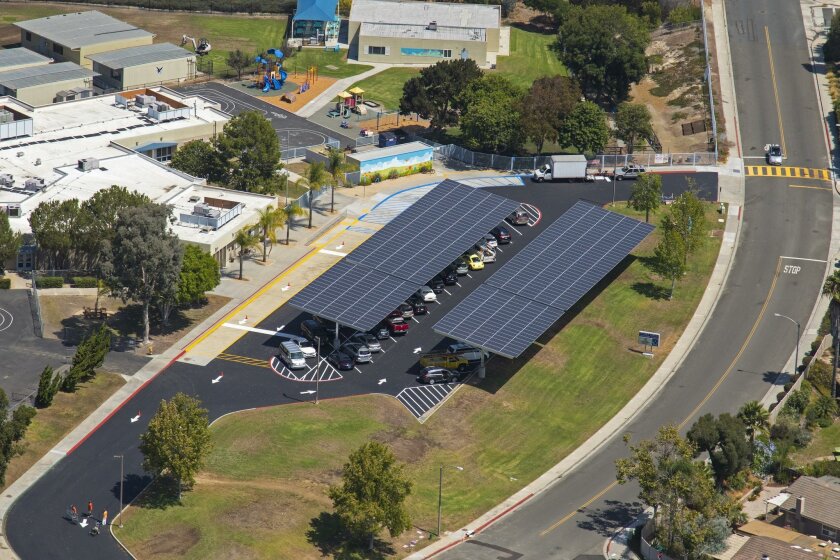 A bird’s eye view of the newly-installed solar panels at Flora Vista Elementary.