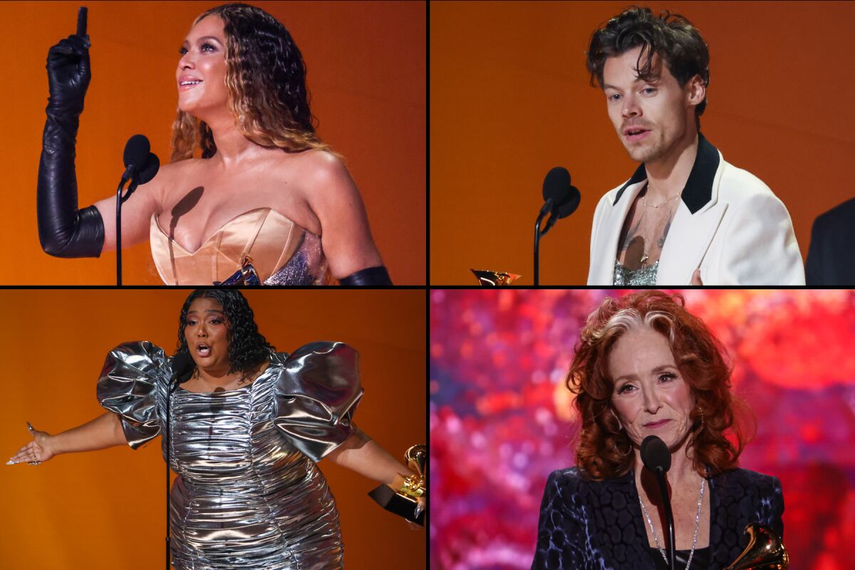 2023 Grammy winners Beyoncé, Harry Styles, Bonnie Raitt and Lizzo accept their awards on stage at the Crypto.com Arena.