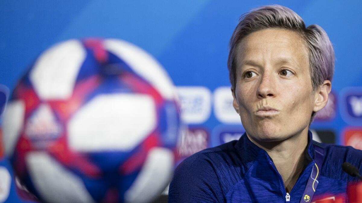 U.S. forward Megan Rapinoe attends a news conference in Lyon, France, on Saturday. Rapinoe played in the Women's World Cup final against the Netherlands.