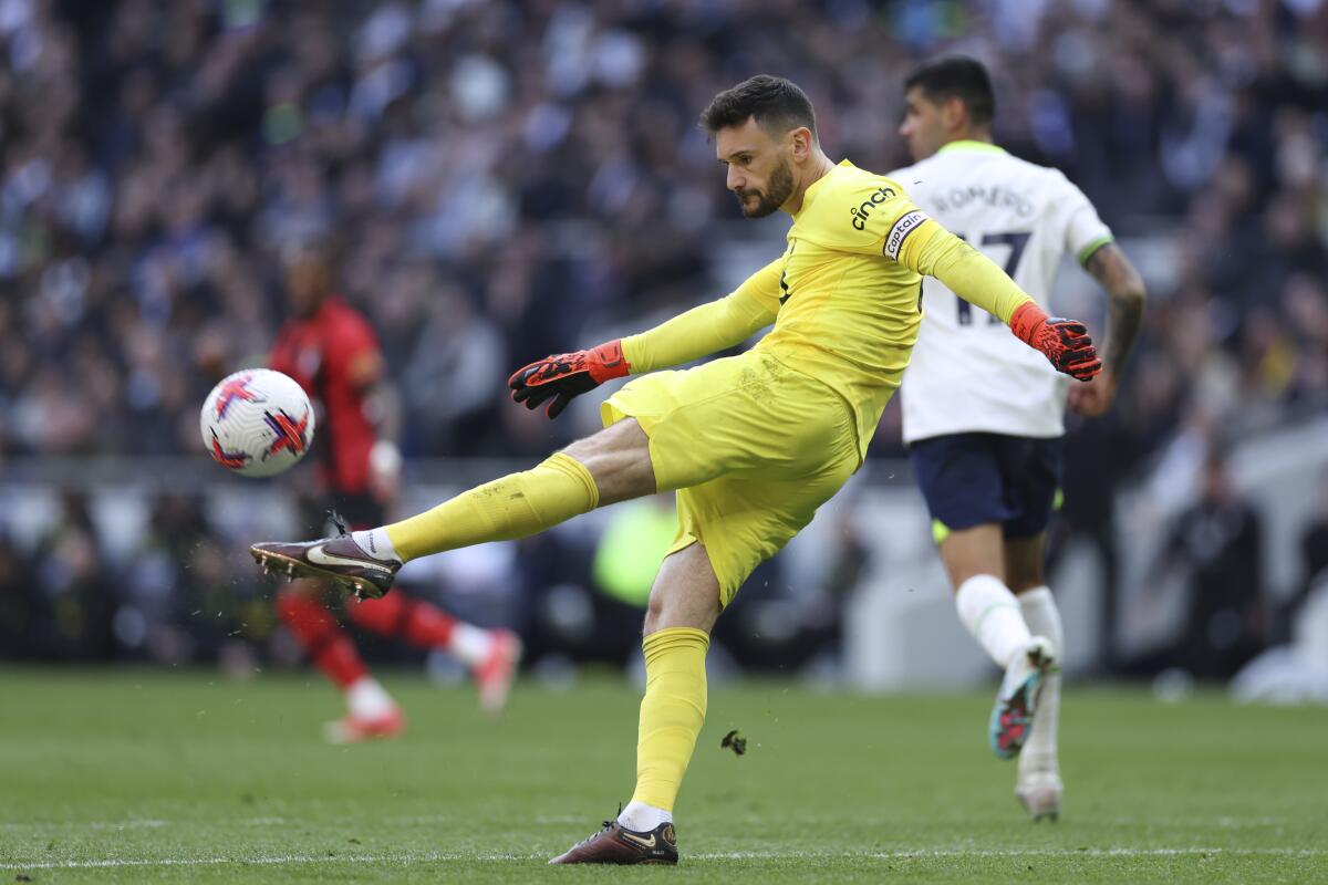 Tottenham goalkeeper Hugo Lloris kicks the ball during a match against AFC Bournemouth in April.