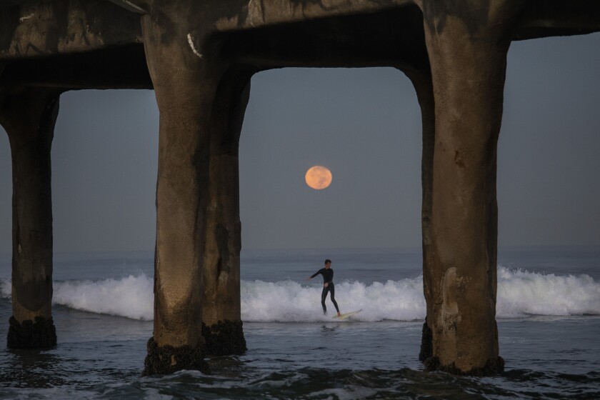 A surfer and the moon are seen in dim light through the pilings of a pier.