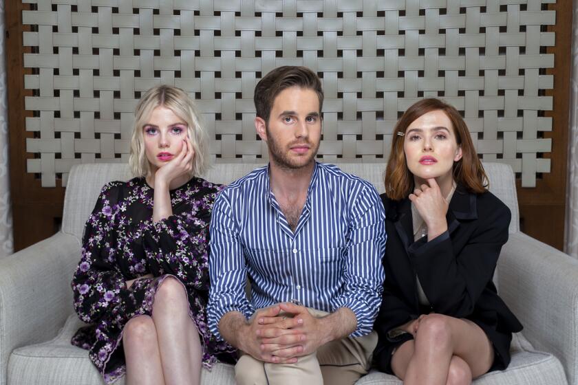 SANTA BARBARA, CA--JUNE 11, 2019--Actors Lucy Boynton, Ben Platt and Zoey Deutch, from left, are photographed during a day of promotion for their new Netflix series, "The Politician," at The Belmond El Encanto hotel in Santa Barbara, CA, June 11, 2019. Platt plays Payton Hobart, a wealthy Santa Barbarian, with political aspirations, where Deutch runs with him and Boynton is his nemesis. (Jay L. Clendenin / Los Angeles Times)