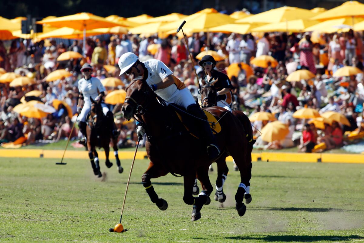 Nacho Figueras, captain of the Veuve Clicquot team, shoots to score a goal during the Polo Classic at Will Rogers Park. Polo has been played at this venue since the 1920s, and Hollywood stars such as Spencer Tracy and Clark Gable would turn out.