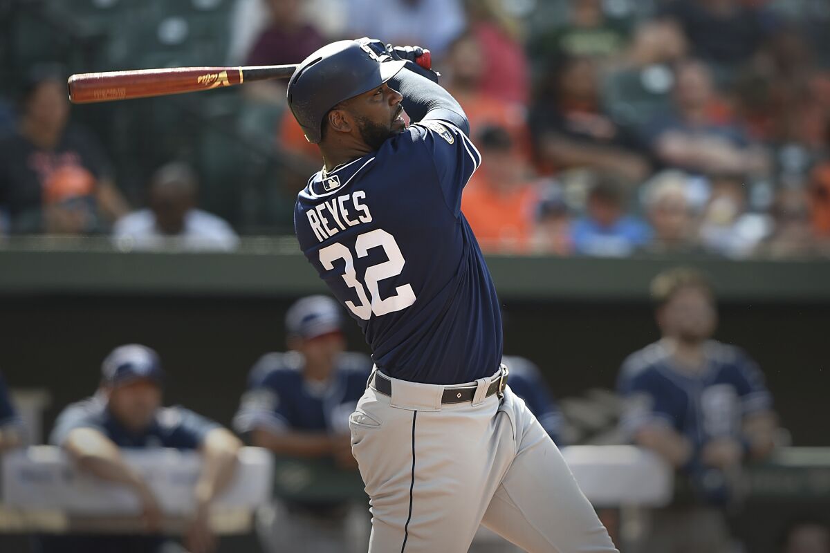 Franmil Reyes watches the second of his two home runs on Wednesday at Camden Yards.