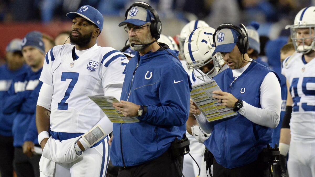 Indianapolis Colts head coach Frank Reich stands next to quarterback Jacoby Brissett (7) in the first half against the Tennessee Titans on Dec. 30, 2018, in Nashville, Tenn.