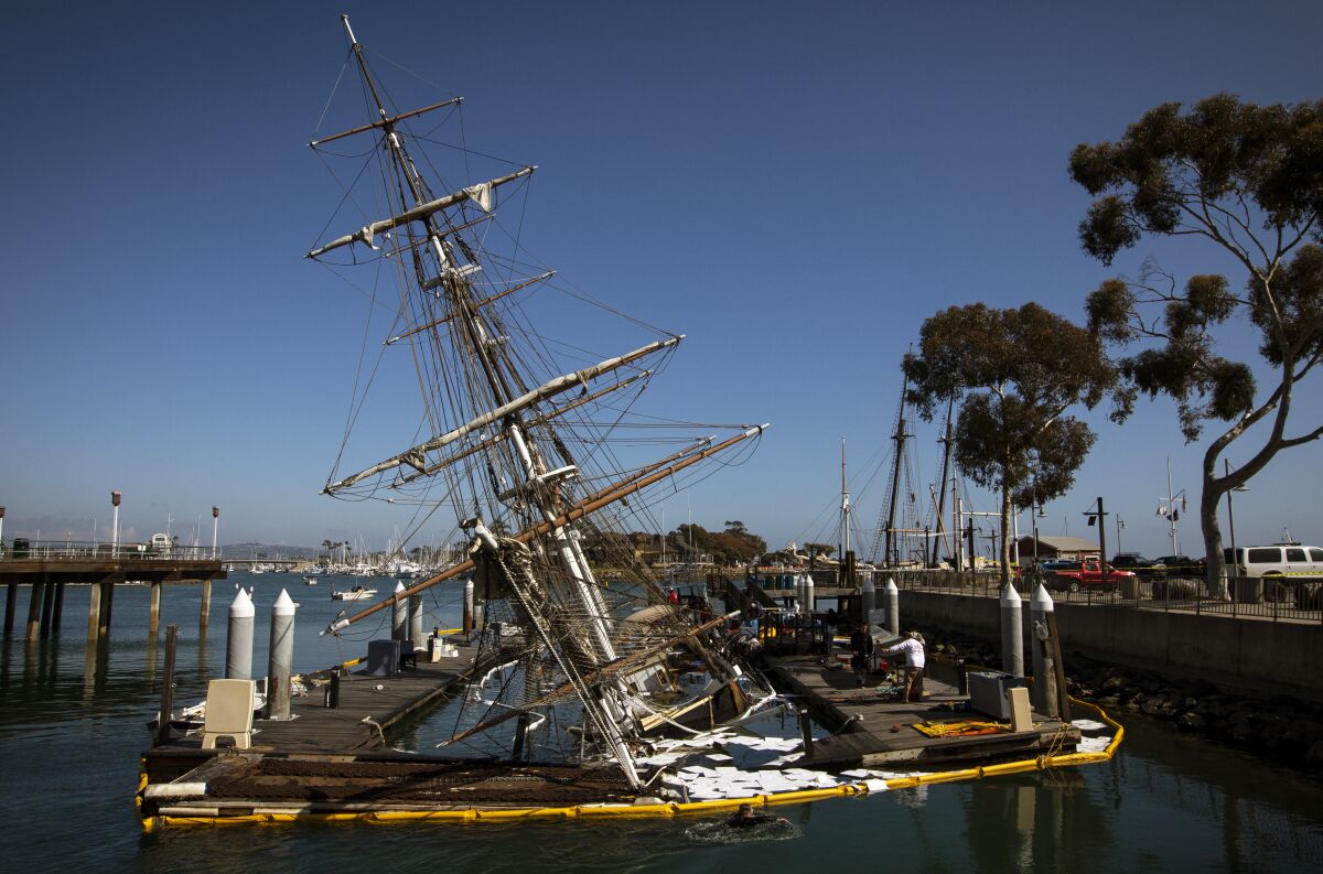 An old-fashioned sailing ship, sinking 