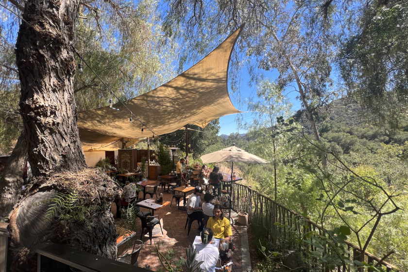 People work at tables on a patio overlooking a canyon.