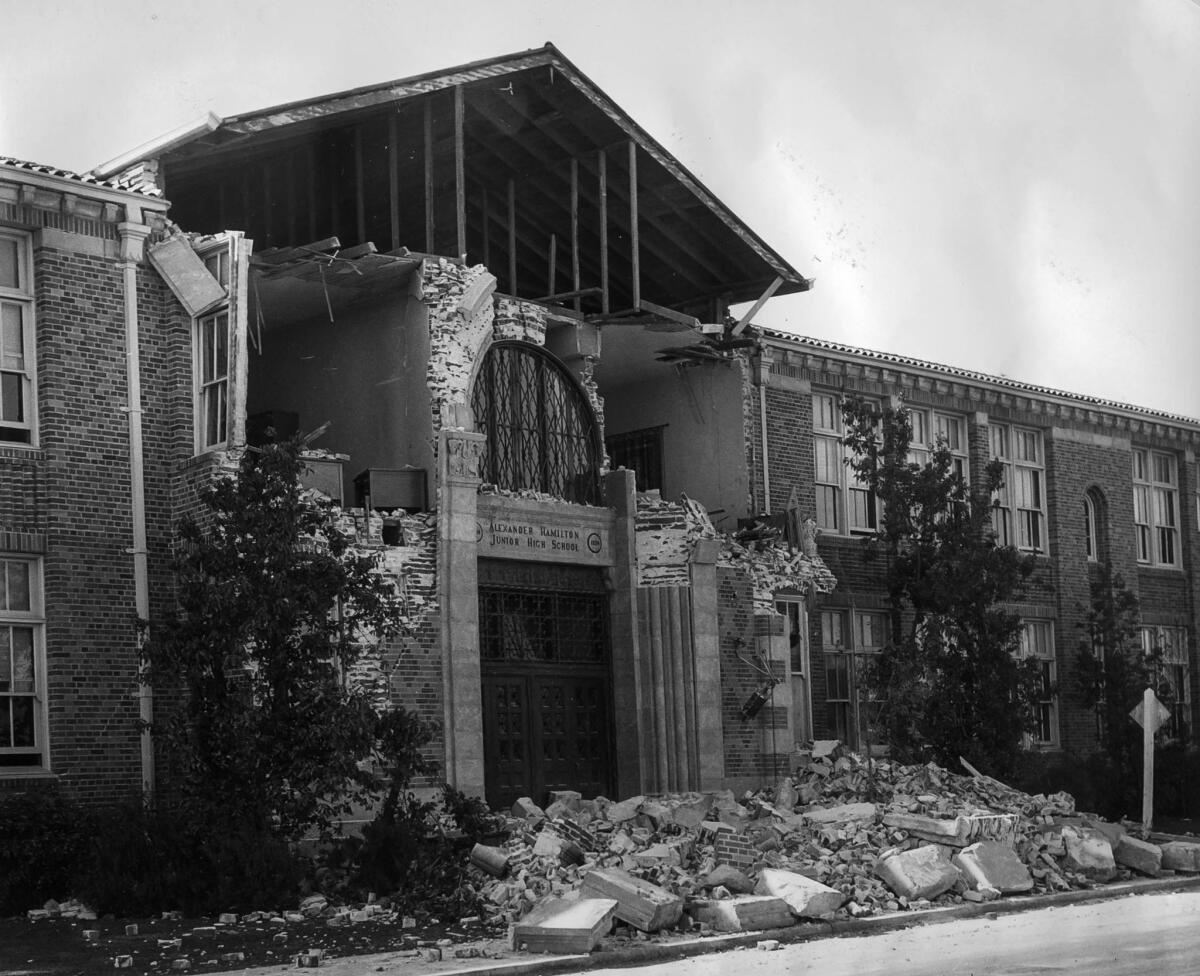 Damage to Alexander Hamilton Junior High School in Long Beach following the March 10, 1933, Long Beach earthquake.