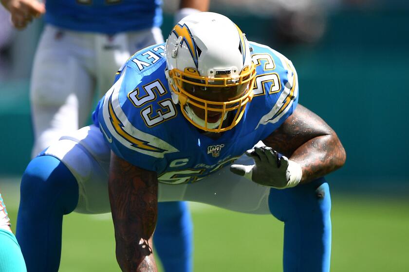 MIAMI, FLORIDA - SEPTEMBER 29: Mike Pouncey #53 of the Los Angeles Chargers in action in the third quarter against the Miami Dolphins at Hard Rock Stadium on September 29, 2019 in Miami, Florida. (Photo by Mark Brown/Getty Images)