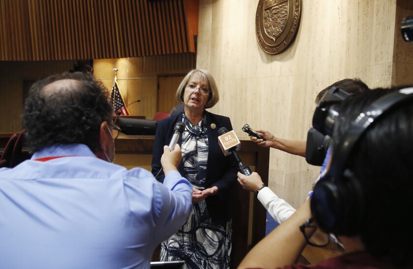 FILE - In this May 26, 2020, file photo, Arizona Senate President Karen Fann, R-Prescott, speaks to the media in Phoenix. The Republican president of the Arizona Senate said in a letter to the U.S. Justice Department that ballots it is recounting from November's presidential election are secure and the department's worries about voter intimidation are unfounded. Fann's Friday, May 7, 2021, letter comes two days after the head of the department's Civil Rights Division sought assurances from the Senate that 2.1 million ballots from the state's most populous county are being secured as federal law requires. (AP Photo/Ross D. Franklin, File)