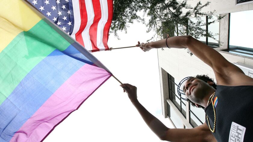 Edward Williams, 24, waves flags during the Annual West Hollywood Gay Pride Parade in 2009.