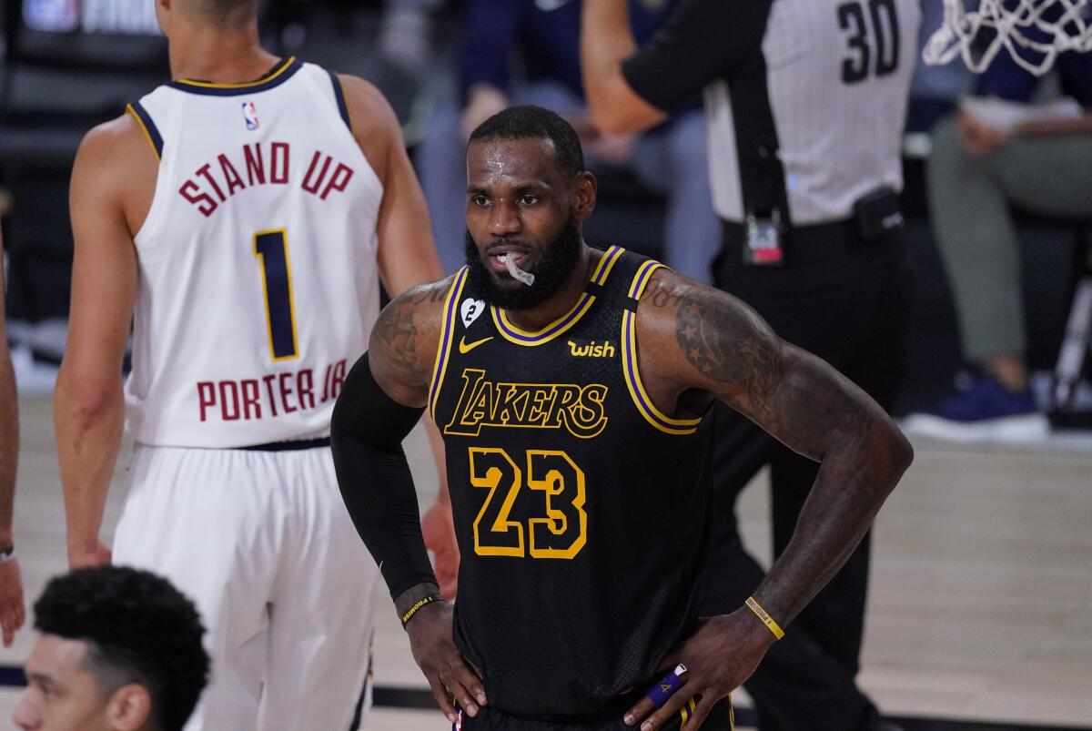 Lakers forward LeBron James reacts to a call during Game 2.
