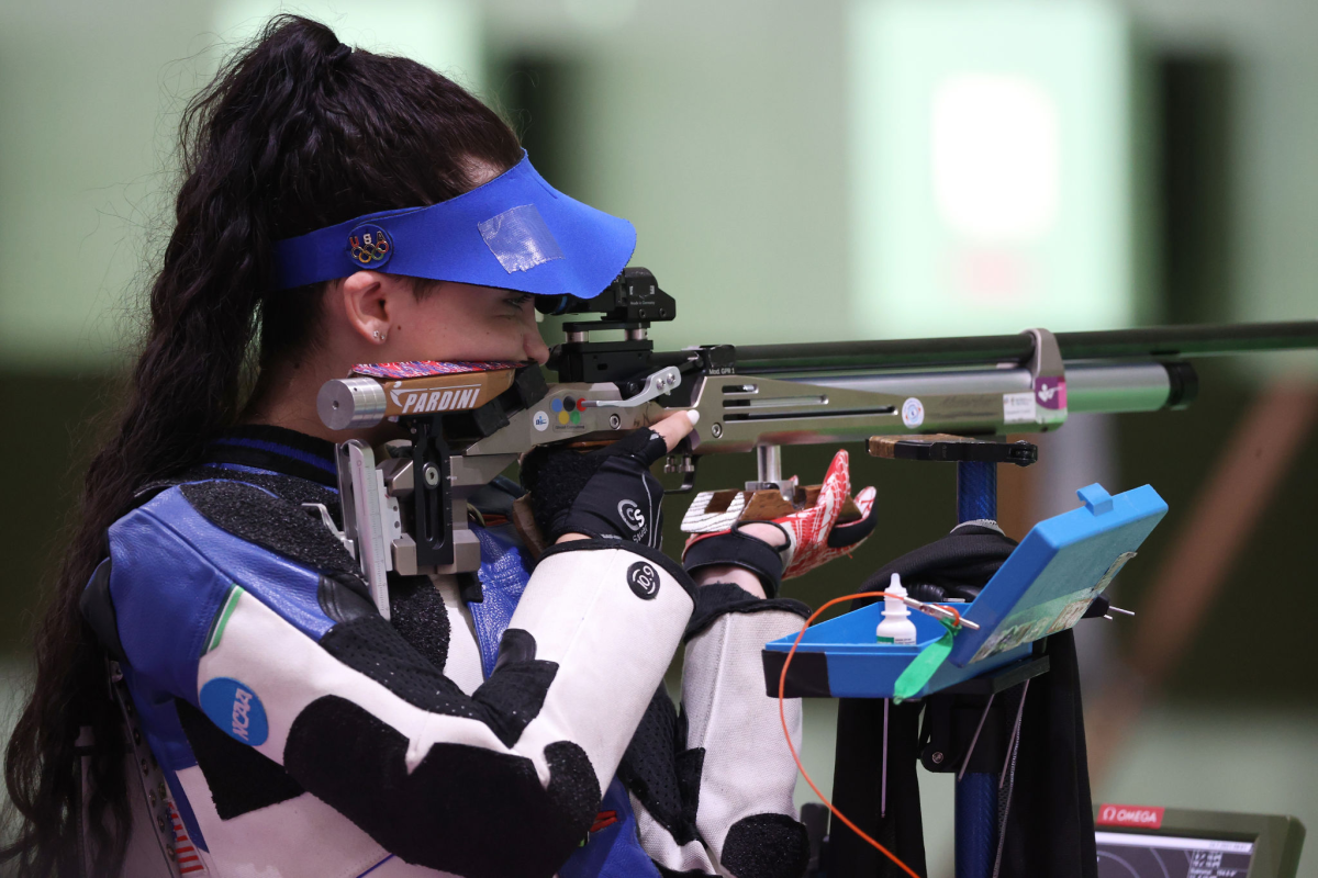U.S. shooter Mary Tucker competes during 10-meter air rifle qualification at the Tokyo Olympics on July 24. 