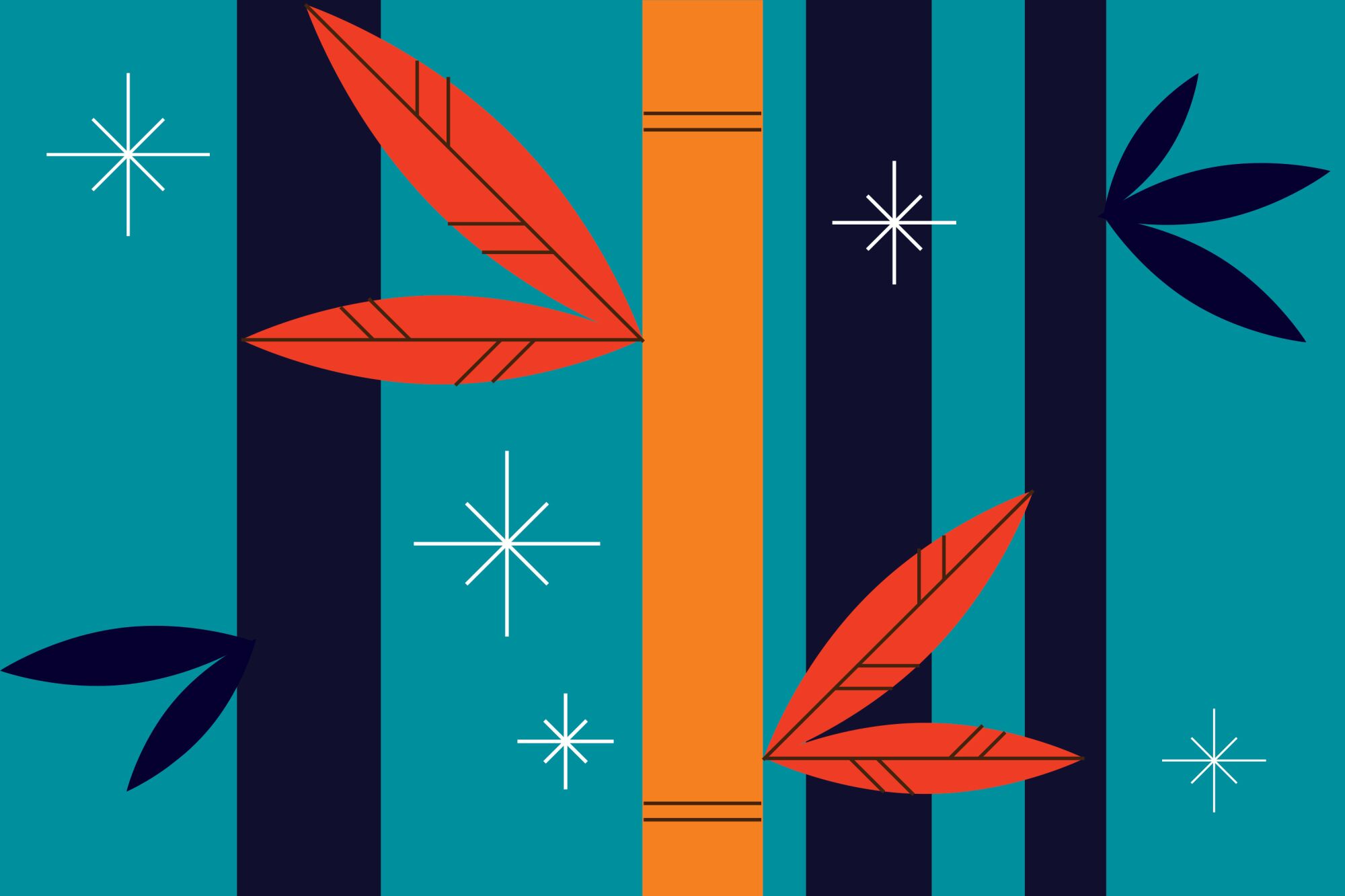 An illustration of a bamboo thicket with sparkles in the air between the stalks.