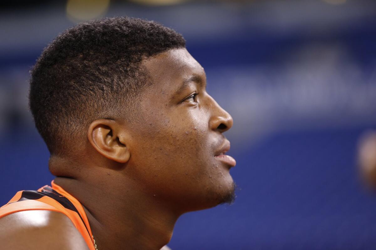 Former Florida State quarterback Jameis Winston runs a drill at the NFL scouting combine in Indianapolis on Feb. 21.