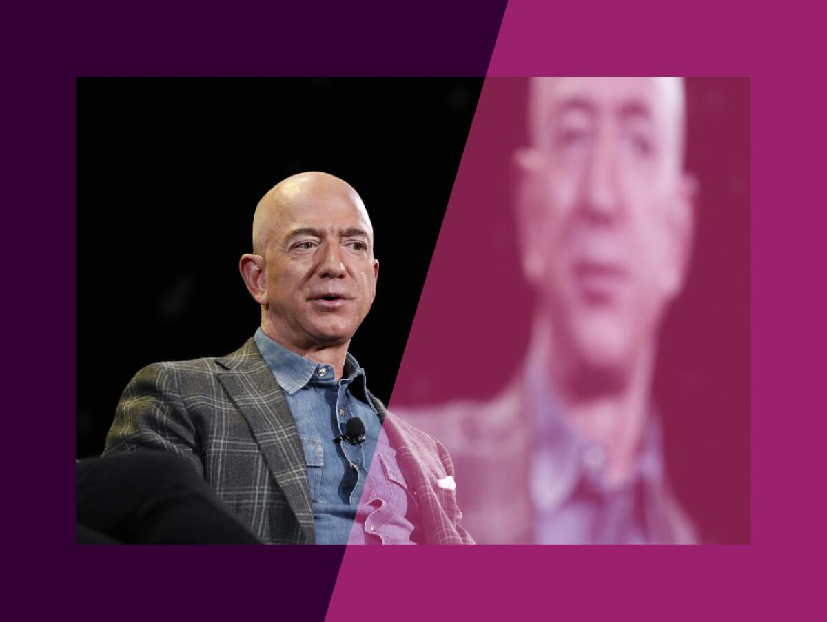 Amazon CEO Jeff Bezos speaks at a convention.